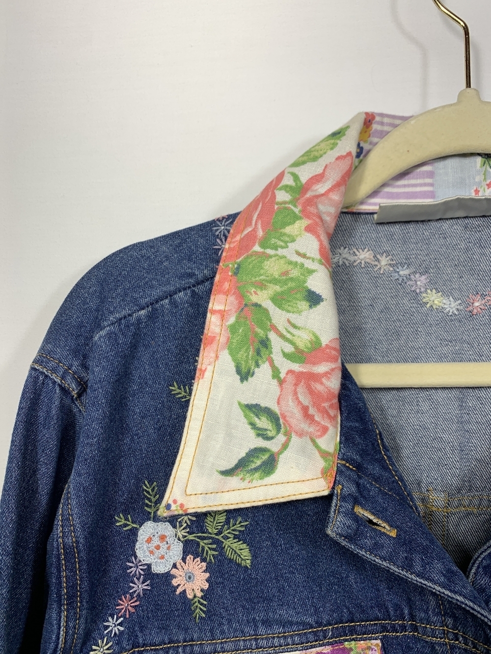 Susan Bristol Blue Denim Jacket with Pastel Floral Bow Patchwork Trim - Picture 11 of 13
